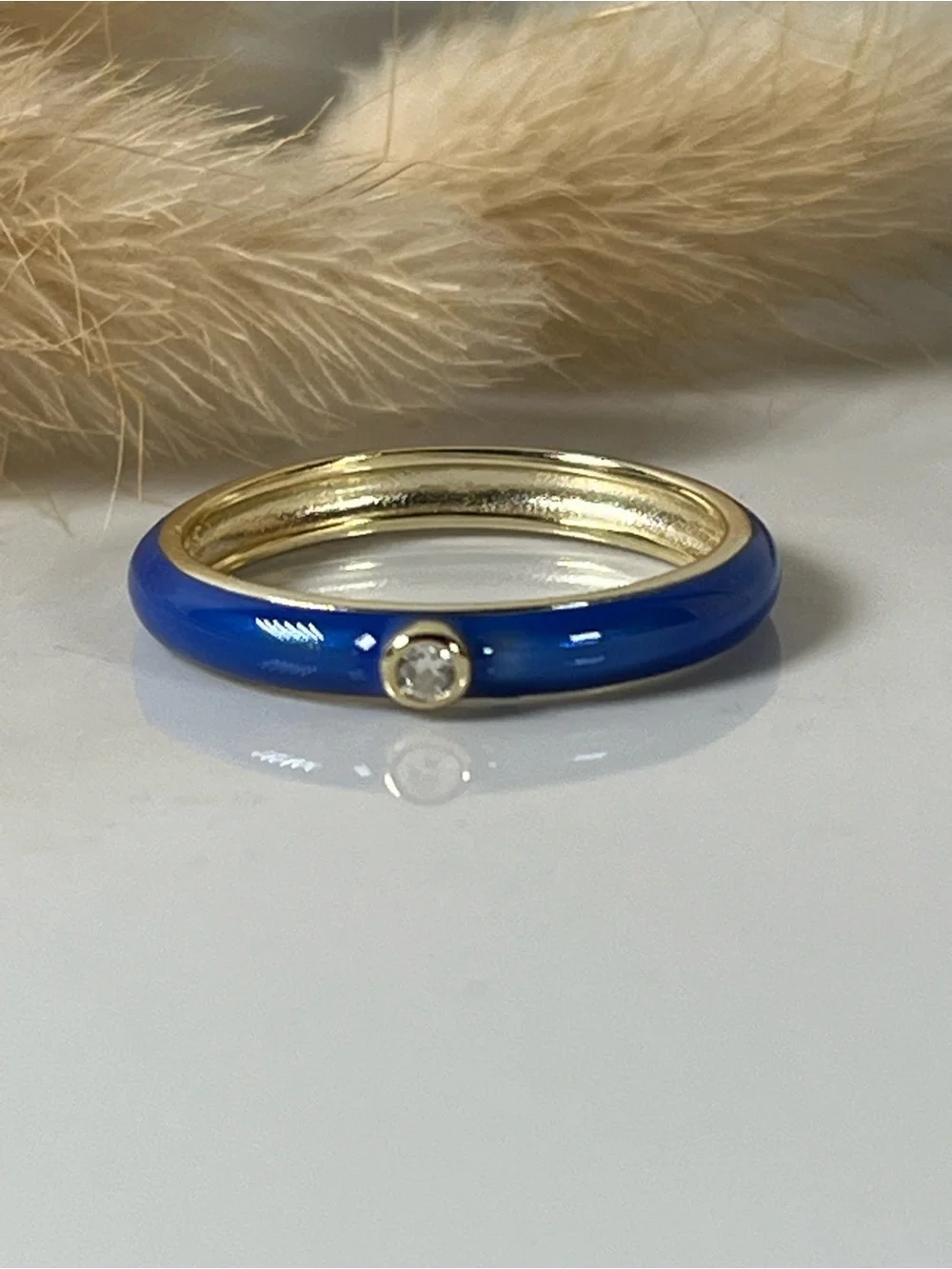 Gold Plated 925 Sterling Silver Cobalt Blue Enamel Ring Cubic Zirconia Size 8